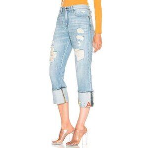 Frame Le Embroidery Boyfriend Jeans Size 23 LECJ207 Flip Cuff Distressed Denim